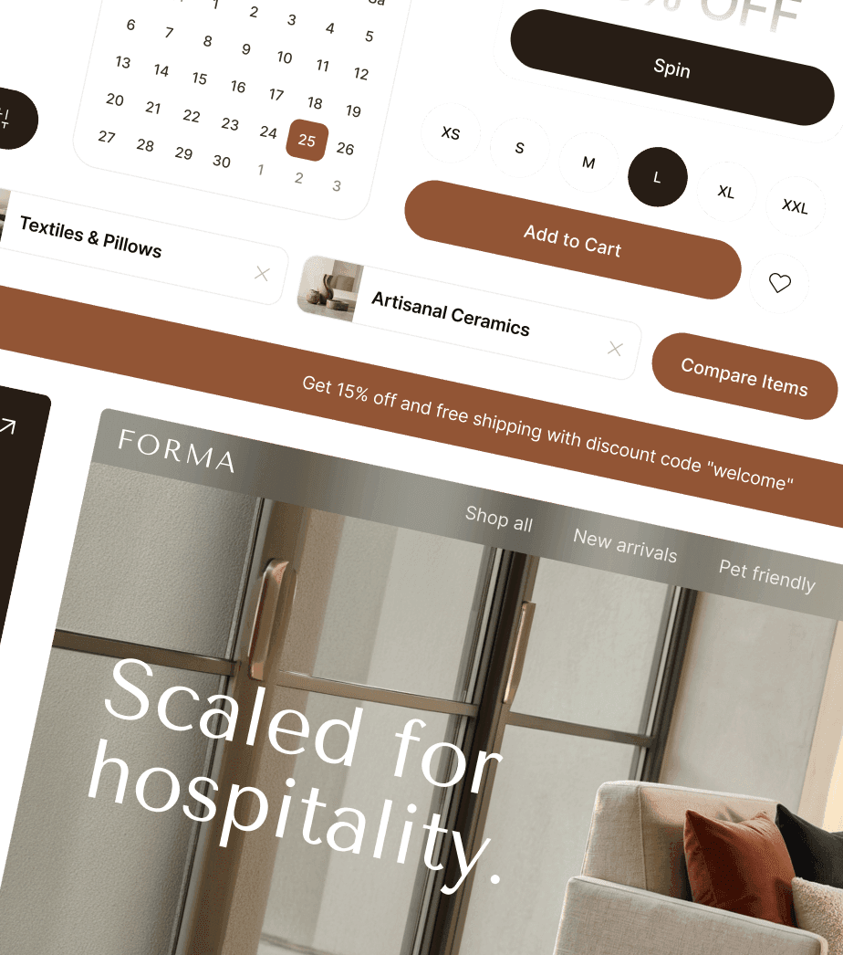 Collage van e-commerce webinterface-onderdelen, waaronder een kalender, maatselectie en banner.