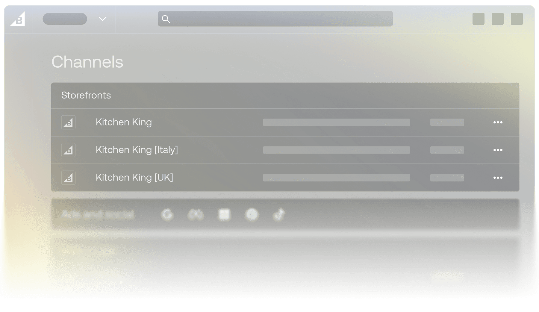 BigCommerce-kanalenmenu met regionale storefront-vermeldingen voor Kitchen King