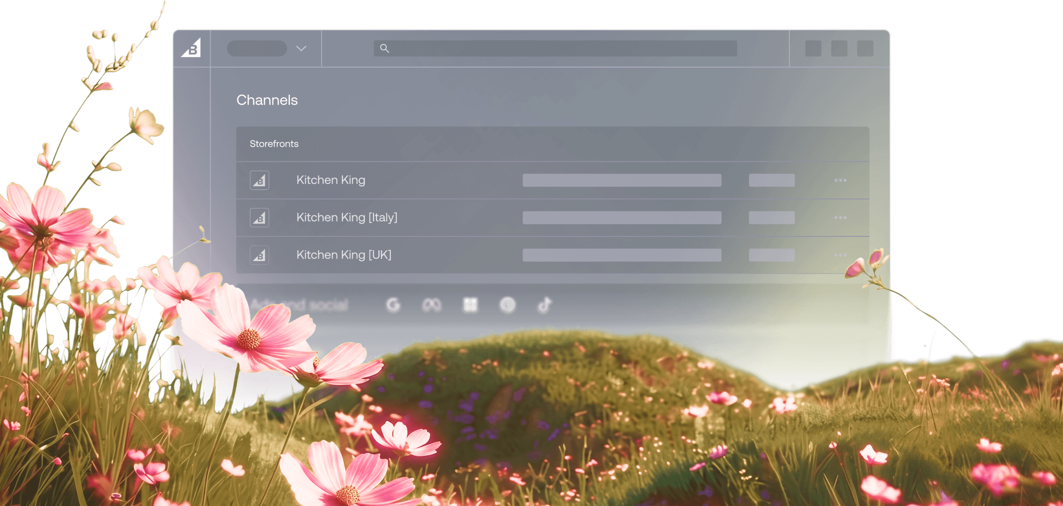 Dashboard voor beheer van storefront-kanalen met een overzicht van regionale storefront, waaronder Kitchen King Italië en VK.