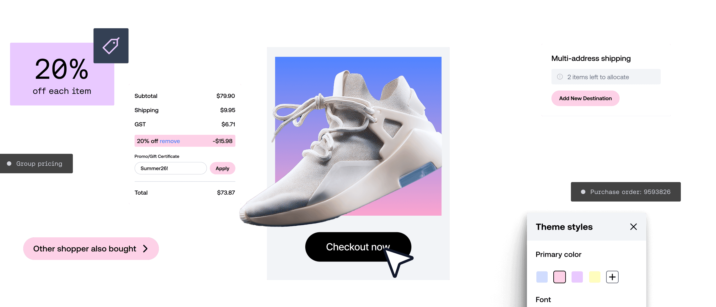 E-commerce product checkout page displaying a white sneaker, discount code details, and theme color options.