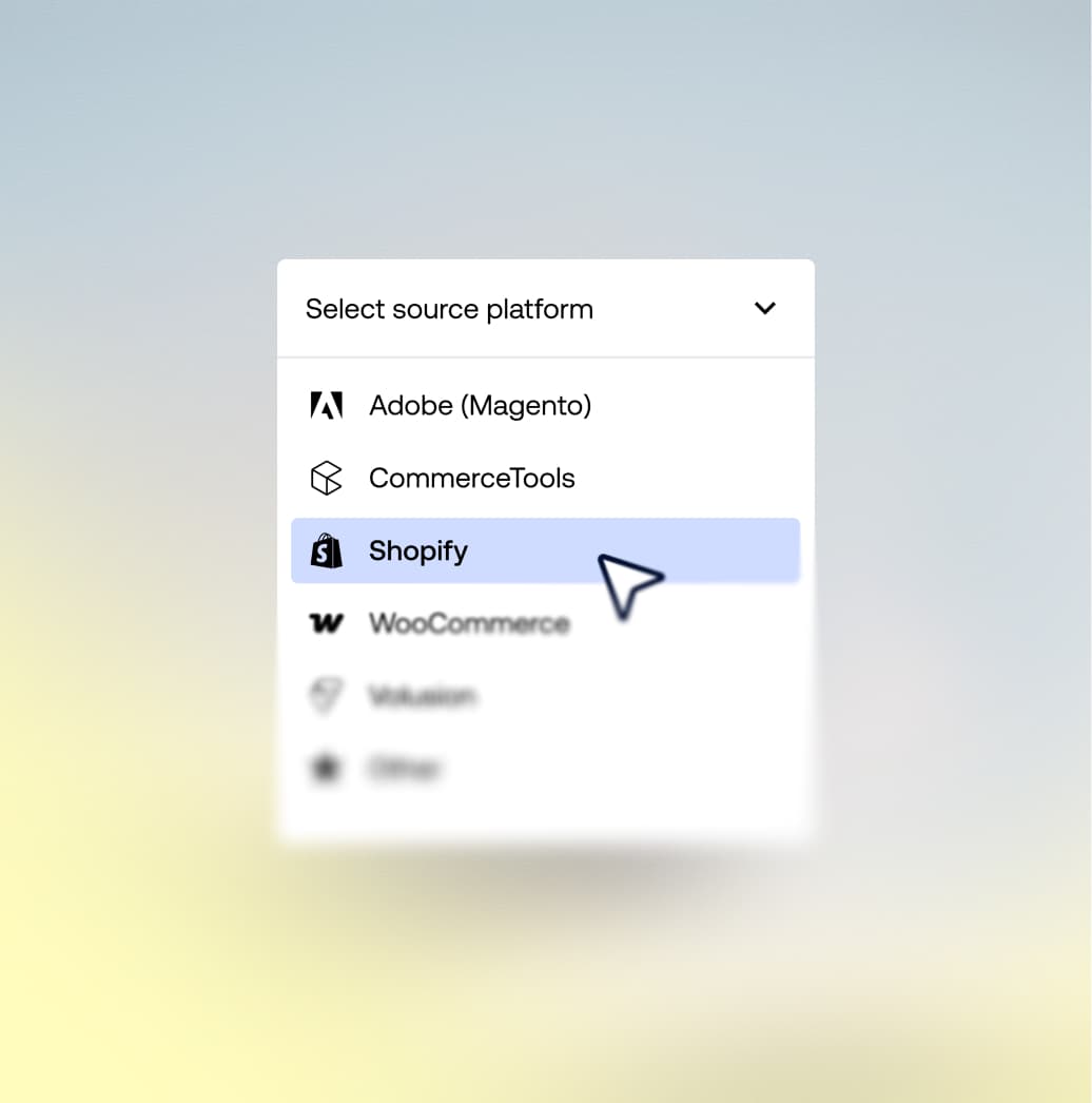 Dropdownmenu voor het selecteren van het bronplatform tijdens gegevensmigratie met Shopify gemarkeerd