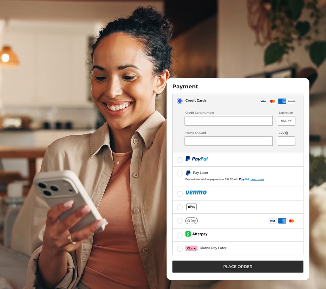 A smiling woman holding a smartphone that displays a "Fastlane by PayPal" checkout screen. A verification overlay is visible on the phone screen with the text "Let's confirm it's you" and a six-digit confirmation code "157143" being entered into boxes.