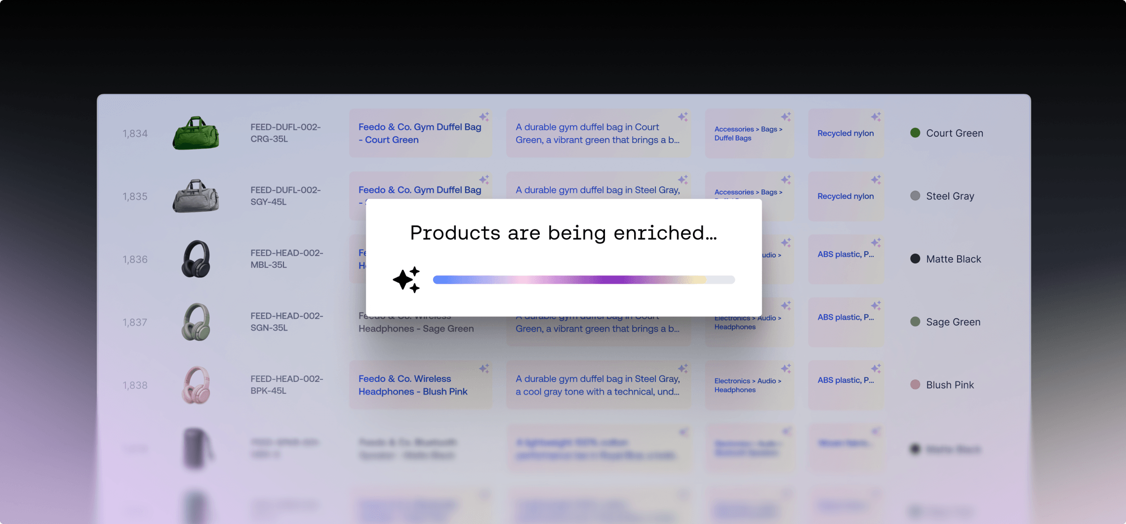 E-commerce-catalogusbeheerdashboard met een laadbalk met de tekst “Producten worden verrijkt”.