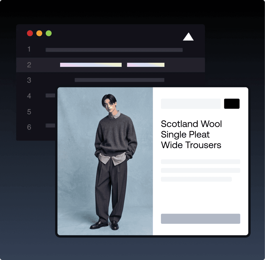 E-commerce kleding web-UI met productkaart van de Scotland Wool Wide Trousers en code-elementen op de achtergrond