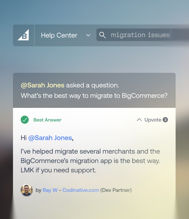 Forumbericht in het BigCommerce Help Center met een vraag over winkelmigratie en een geverifieerd beste antwoord