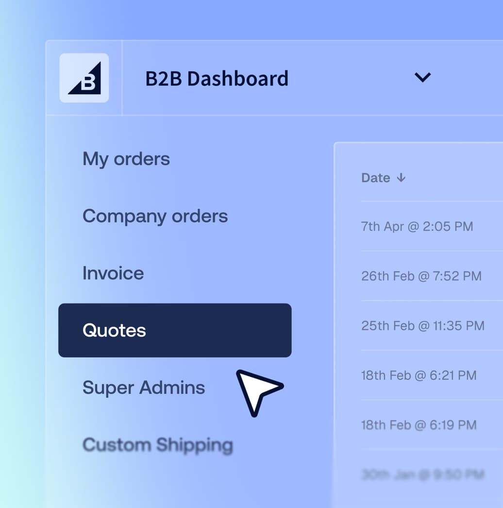 Navigatiemenu van het BigCommerce B2B-dashboard met het tabblad Offertes gemarkeerd en een muiscursor die ernaar wijst.