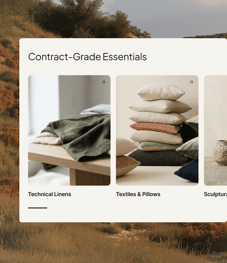 Categorie-indeling voor Contract-Grade Essentials met kaarten voor technische stoffen, textiel en kussens.