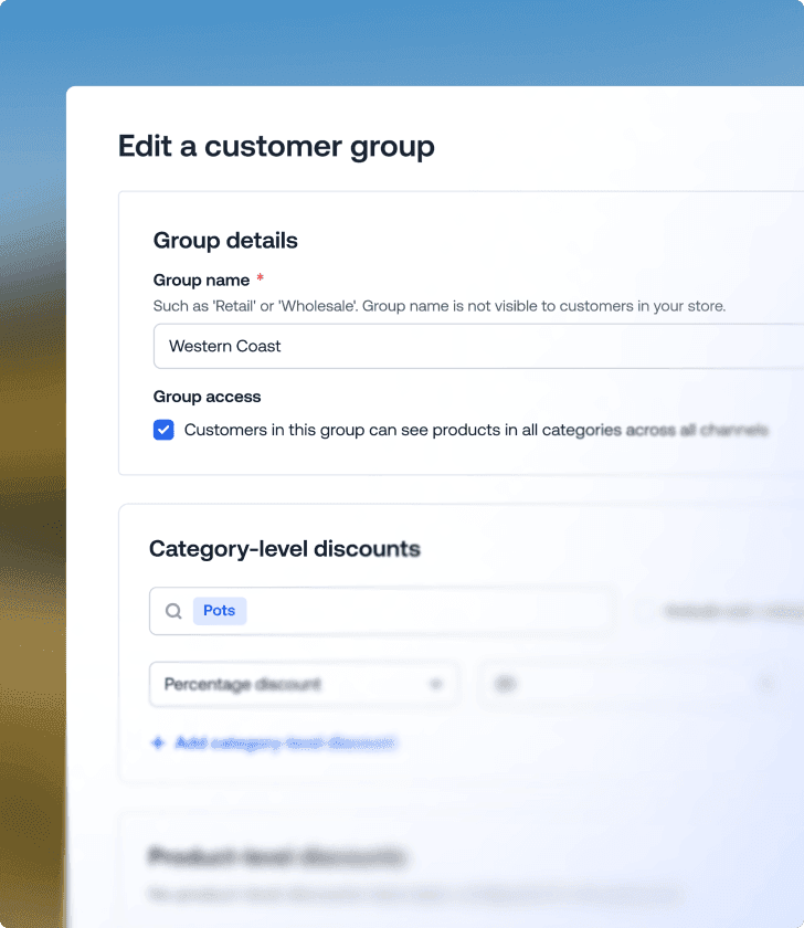 Bewerk een instellingenformulier voor klantgroepen met invoer voor groepsnaam en kortingsregels op categorieniveau.