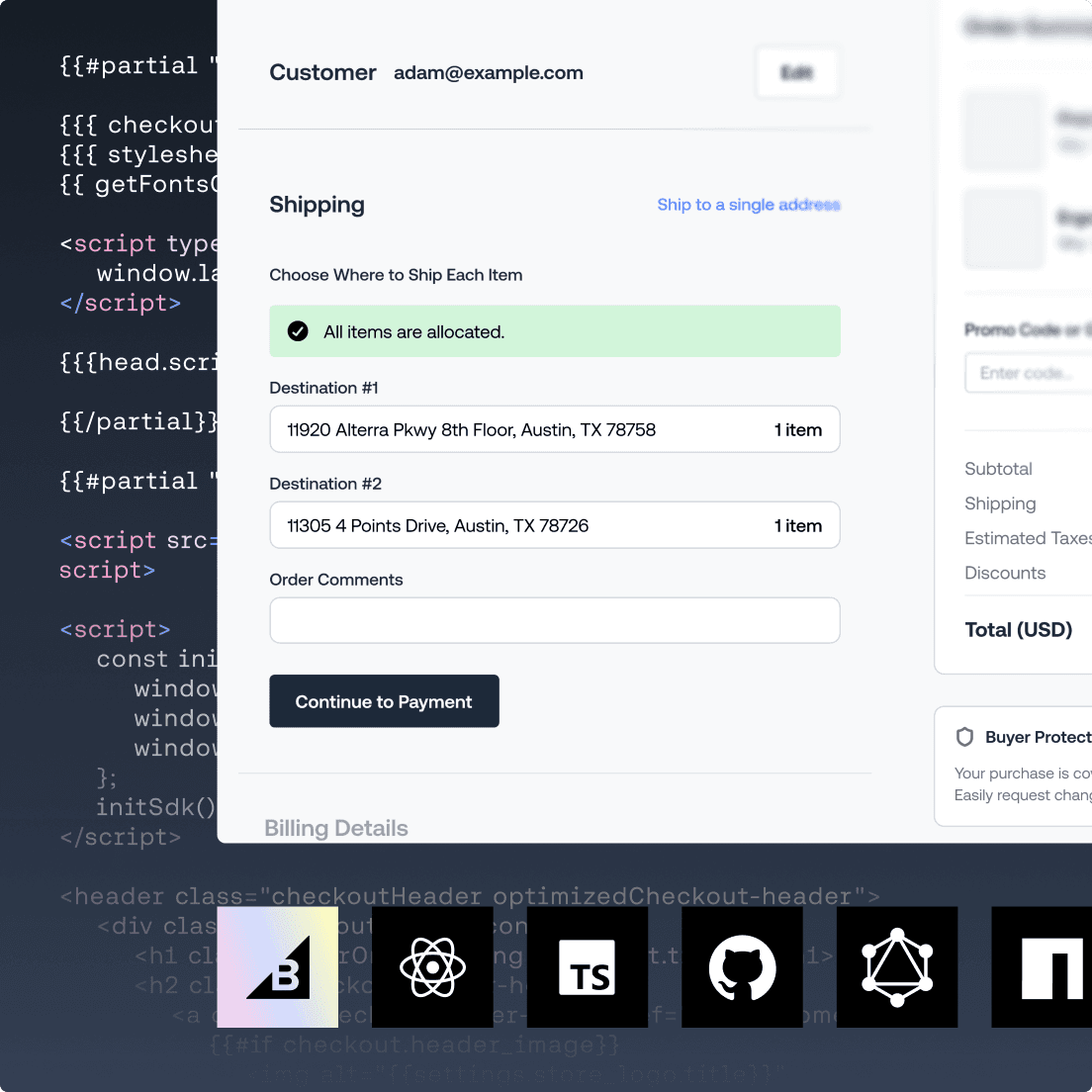 Afrekenflow van BigCommerce met verzenddetails voor meerdere adressen, code-overlay en logo's van het tech-ecosysteem