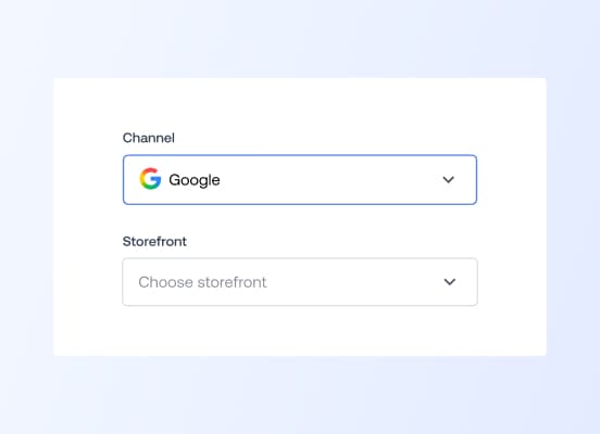 A user interface showing a dropdown menu for selecting an e-commerce channel, with Google selected.