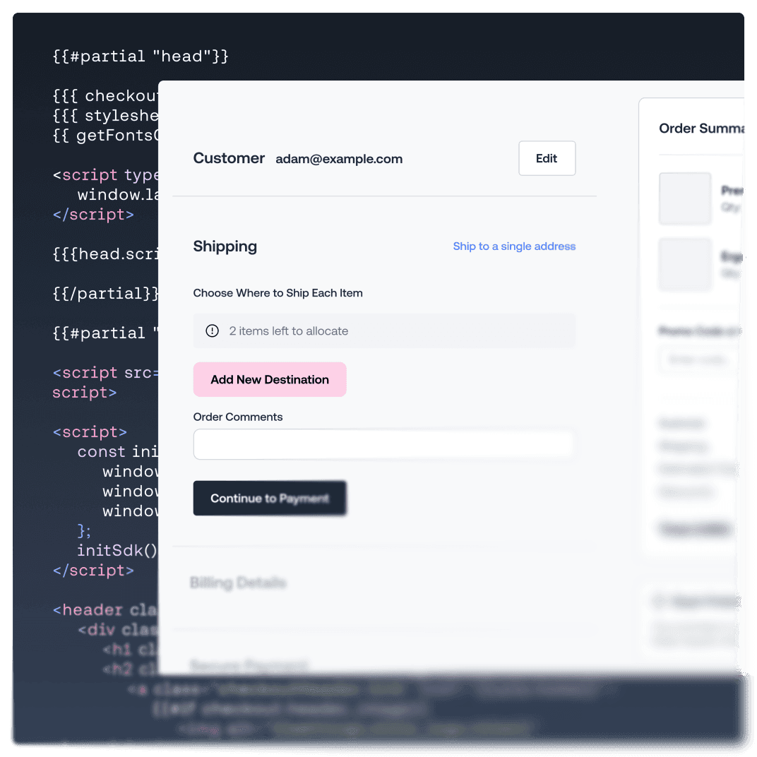 Modal voor e-commerce-checkoutinterface weergegeven over onderliggende code.