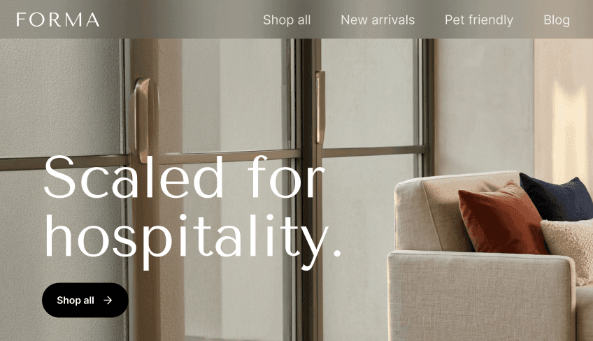 Hero-banner voor de Forma-website met de tekst 'Scaled for hospitality' en een 'Shop all'-knop.