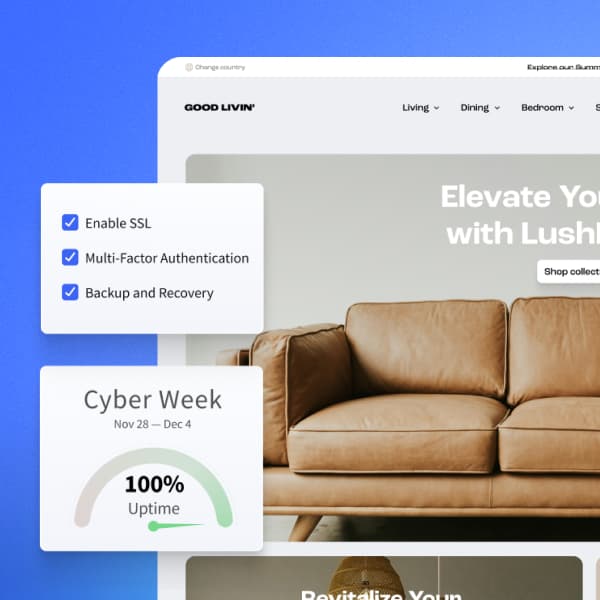 Een screenshot waarop een bank te zien is met tekstelementen zoals "GOOD LIVIN'", "Living. Dining v Bedroom w", "Elevate Yo" en diverse uitdrukkingen gerelateerd aan technologie en verkoop, waaronder "SSL inschakelen", "Multi-Factor Authenticatie" en "Cyber Week". Het scherm bevat een decoratieve mix van lettertypen en lay-outs.